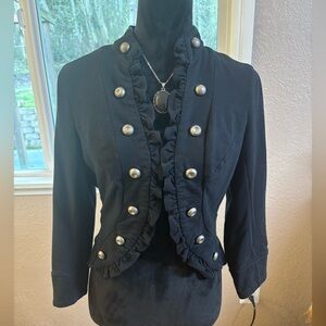 New Directions Black Ruffled Blazer with Button Accents
